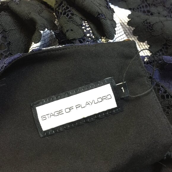 New! Stage of Playlord Dress Sz 1 US 6/S Womans Navy Black Lace 3/4 Bell Sleeve - Picture 4 of 14